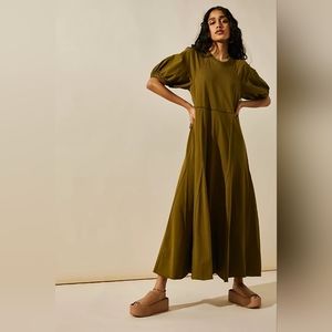 Free People Brentwood Maxi Puffed Sleeves Cotton Relaxed Boho Flowy Green M